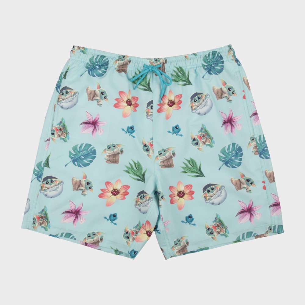 Star Wars: The Mandalorian Men's 7" Elastic Waist Baby Yoda Swim Shorts - Turquoise Blue XL