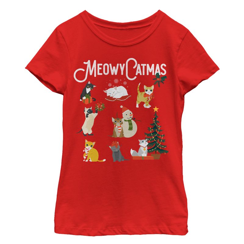 Girl's Lost Gods Christmas Cat Collage T-Shirt, 1 of 5