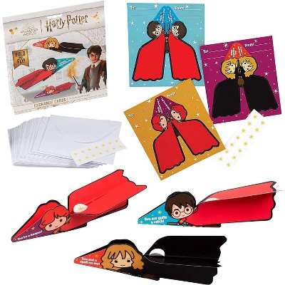 Harry Potter Flying Broom Valentines Day Cards for Kids, 28 Card Pack & Envelopes - Fold and Fly Paper Airplane Harry, Hermione and Ron