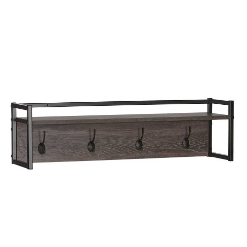 Afton 4 Hook Metal Frame Wall Shelf Woodgrain - Riverridge Home