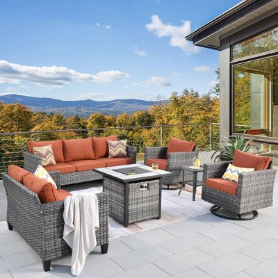 Gray Rattan 7-Person Outdoor Patio Set with Fire Pit