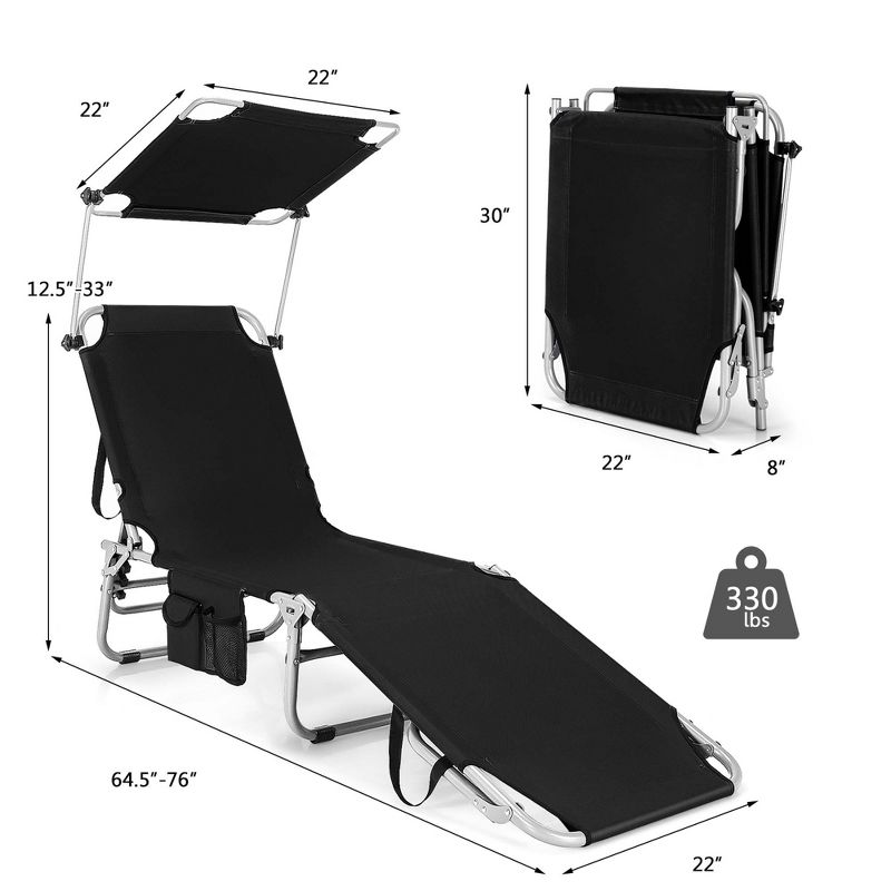 Costway 2 PCS Foldable Sun Shading Lounge Chair Adjustable Beach Sunbathing Recliner Black, 3 of 11