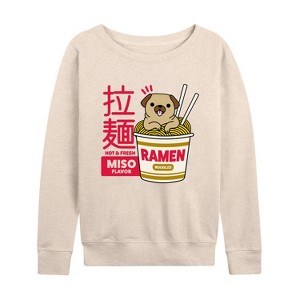 Women's - Instant Message - Ramen Pug Lightweight French Terry Wide Neck Long Sleeve Graphic Shirt - 1 of 4