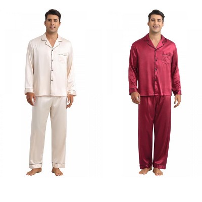 INSPIRE CHIC Men's 2 Pack Sleepwear Button Down Long Sleeve Classic Satin Pajamas Sets
