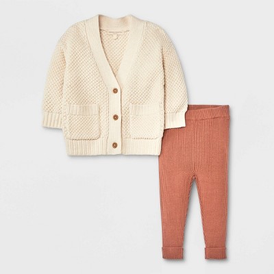 Image of Grayson Collective Baby Cardigan & Ribbed Leggings Set - Cream/Brown 3-6M