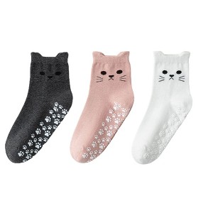 Anna-Kaci Women's Cat Face Grip Socks with Paw Print Anti-Slip Sole Soft Knit Ankle Socks for Home or Yoga 3-Pack - 1 of 4