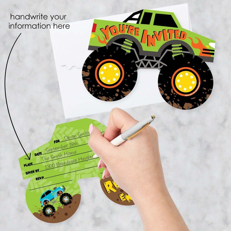 Big Dot of Happiness Smash and Crash - Monster Truck - Shaped Fill-In Invitations - Boy Birthday Party Invitation Cards with Envelopes - Set of 12, 2 of 8