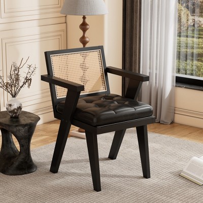 Accent Chair Mid-Century Modern Armchair With Rattan Backrest Padded Seat Upholstered Reading Chairs For Bedroom Living Room