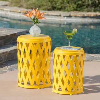 2pc Selen Outdoor Patio Iron Side Table Set Yellow - Christopher Knight Home: Lightweight, Stackable, Weather-Resistant, Hand-Crafted Details