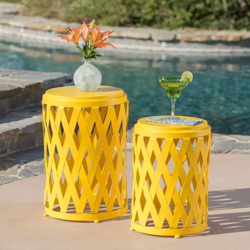 2pc Selen Outdoor Patio Iron Side Table Set Yellow - Christopher Knight Home: Lightweight, Stackable, Weather-Resistant, Hand-Crafted Details, 1 of 9