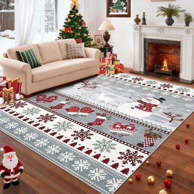 Christmas Washable Area Rug, Non Slip Santa & Reindeer Xmas Carpet Low Pile Non Shedding Floor Covers, Carpet for Bedroom Playroom
