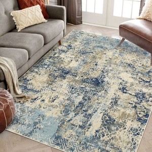 Modern Abstract Area Rug Machine Washable Ultra Thin Non Shedding Pet Friendly Foldable Non Slip Stain Resistant With Bordered Design Floor Carpet - 1 of 4