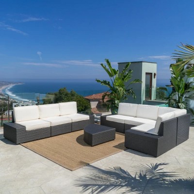 Outdoor Wicker Sectional Sofa Set with Cushions, 8-Piece Modular Patio Lounge Set with Coffee Table-Maison Boucle