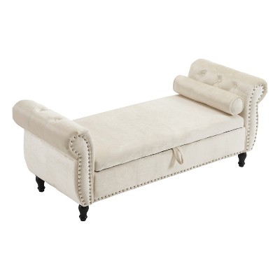 VYNXARIA Beige Velvet Storage Ottomans and Benches with Pillow - 250 lb Capacity, Elegant and Functional Design