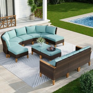 Captiva Designs 12pc Outdoor Wicker Rattan Patio Half-Moon Curved Sectional Sofa Set with Cushioned Ottoman - 1 of 4