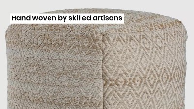 Ivory Striped Tasseled Pouf Ottoman in Soft Cotton & Luxe Polyester