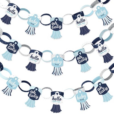 Big Dot of Happiness Hello Little One - Blue and Silver - 90 Chain Links & 30 Paper Tassels Decor Kit - Boy Baby Shower Paper Chains Garland - 21 feet