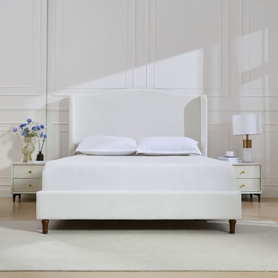 Okak King Size Bed Frame, Upholstered Wingback, Premium Cream White Chenille for Bedroom, Minimalist Designs