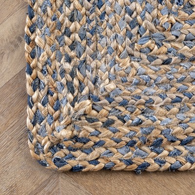 Handmade Blue and Beige Braided Cotton Rectangular Rug