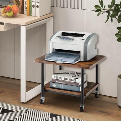Brown 2-Tier Rolling Under Desk Printer Stand with Metal Frame