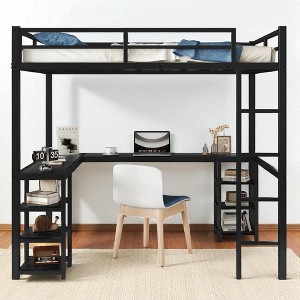 Full Metal Loft Bed Frame with L-Shaped Desk and Storage Shelves, Space-Saving Loft Bed with Ladder and Guardrails,kids bed - 1 of 4