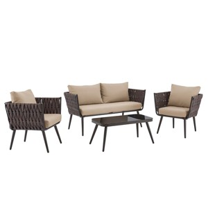 Barton 4 Pieces Outdoor Wicker Patio Sofa With Table Set, Beige - 1 of 4