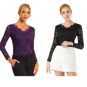 INSPIRE CHIC Women's Floral Embroidery Sheer Long Sleeves Lace Blouse 2 Packs - 1 of 4