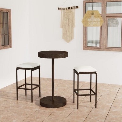 vidaXL Patio Bar Set with Cushions 3 Piece Garden Outdoor Bar Sets Dinner Bistro Dining Table Chair Stool Pub Furniture Seating Poly Rattan Brown