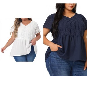 Women's Plus Size 2 Piece Eyelet Contrast Panel Elastic Back Babydoll V Neck Short Sleeve Summer Casual Blouses - Agnes Orinda - 1 of 4