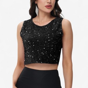 Anna-Kaci Women's Sleeveless Sequin Crop Top with Round Neckline and Sparkle Embellishment - 1 of 4