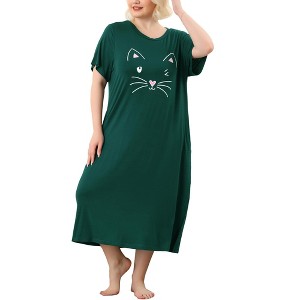 Agnes Orinda Women's Plus Size Soft Knit Cute Cat Print Short Sleeve Split Hem Pockets Midi Sleep Shirts Nightgowns - 1 of 4