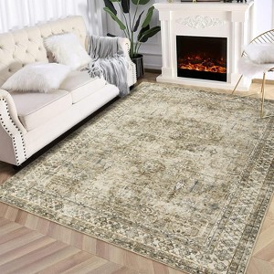 Washable Rug - Non Slip Floral Distressed Low Pile Carpet Foldable Indoor Floor Cover for Living Room Bedroom Office Playroom - 1 of 4