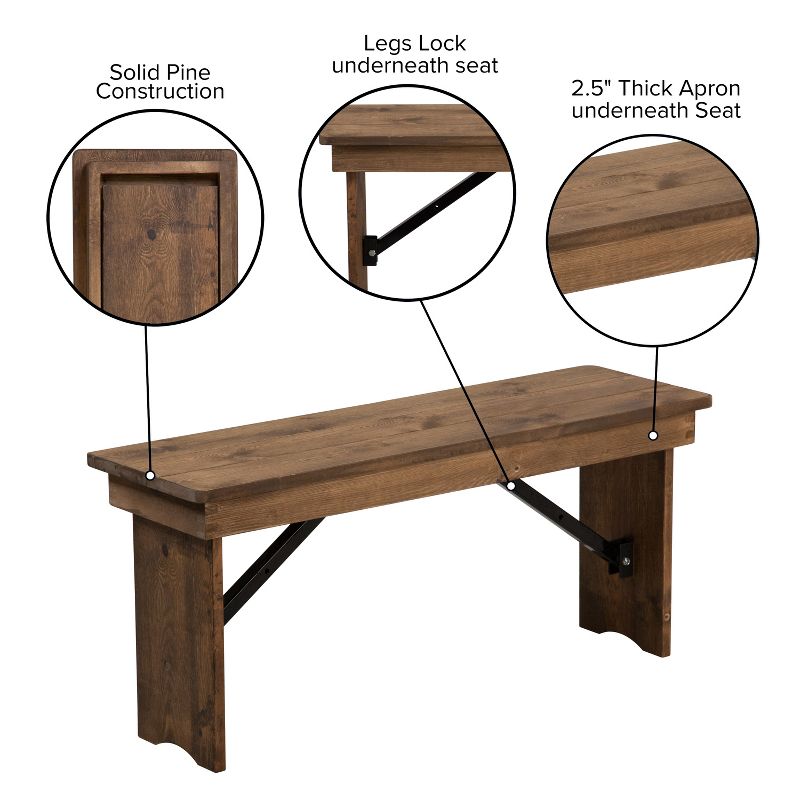 Emma and Oliver 40" x 12" Antique Rustic Solid Pine Folding Farm Bench - Portable Bench, 4 of 11