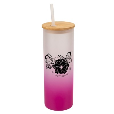 Elanze Designs He Restores My Soul Butterfly Wrap-Around Design 25 Ounce Frosted Gradient Glass On-The-Go Coffee Travel Skinny Tumbler Mug Cup, Bamboo