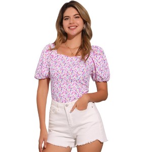 Allegra K Women's Puff Sleeve Square Neck Peasant Floral Blouse - 1 of 4