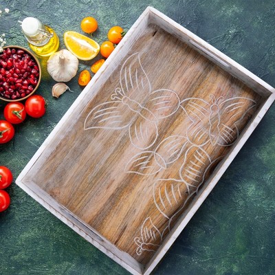 Whitewashed Mango Wood Butterfly Serving Tray with Handles