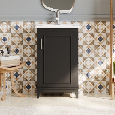 ALEXOUN 20" Bathroom Vanity with Ceramic Sink, Small Bathroom Sink Cabinet with 1 Soft-Close Door, Single Ample Storage Sink Bathroom Vanity