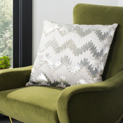 Sophia Silver Zigzag Embroidered Velvet 22" Throw Pillow