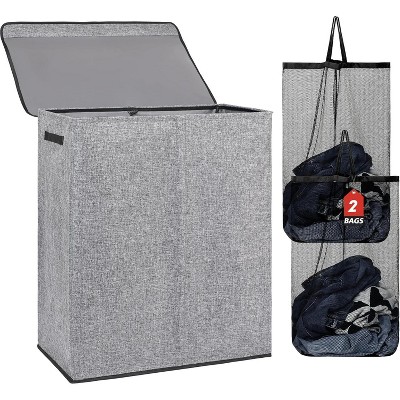 Double Laundry Basket with Lid and Removable Laundry Bags, Large Collapsible Laundry Hamper with 2 Sections