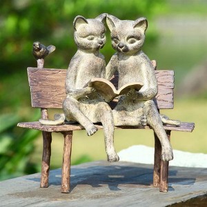 SPI Home Reading Cats on Bench – 14" H Bronze Metal Garden Sculpture for Outdoor Decor - 1 of 3