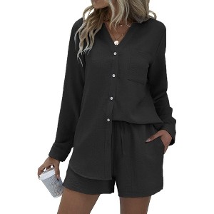 Ekouaer Summer Outfits for Women 2 Piece Sets Lounge Sets V Neck Button Down Shirt and Shorts Loungewear with Pockets - 1 of 4