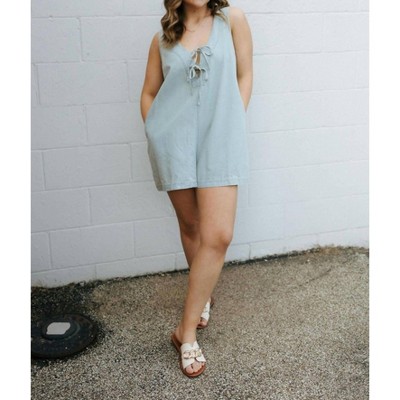 Women's Tie Front Denim Romper - MIOU MUSE