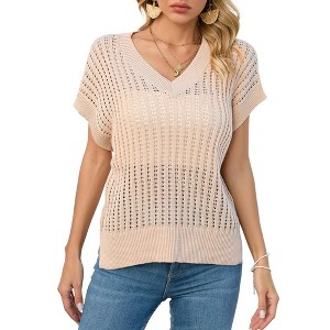 Womens V Neck Summer Pullover Sweater Vests Cap Sleeve Tops Casual Loose Fit Lightweight Knit Vest Tops - 1 of 4
