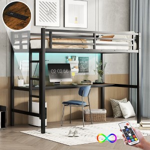Metal Twin XL Size Loft Bed with Desk, USB Charging Station, LED Light and Guardrails, Space-Saving Bed Frame,kids bed - 1 of 4