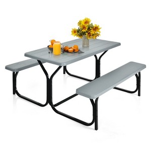 Gymax Picnic Table & Bench Set Outdoor Picnic Table Bench Set w/ Metal Frame & All Weather-resistant Surface Camping Table Set Black/Green/Grey/White - 1 of 4