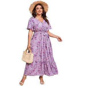 Whizmax V Neck Wrap Maxi Dress for Plus Size Women High Waist Ruffle Summer Casual Floral Dress with Belt - 1 of 4