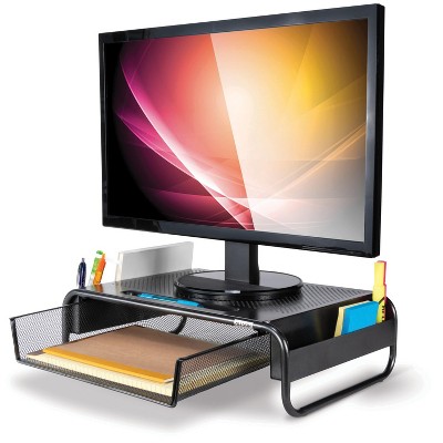 Black Steel Monitor Stand with Drawer and Vented Design