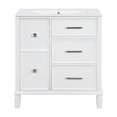 Vynxaria 30" Bathroom Vanities White Vanity Unit with Flip-Out Drawer & 4-Drawer Storage