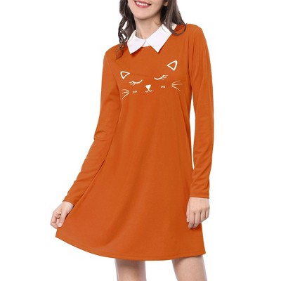 Allegra K Women's Contrast Collar Cat Face Printed Long Sleeve Swing Flare Mini Dress
