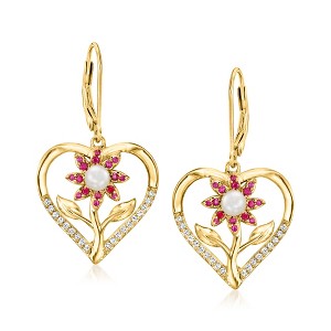 Ross-Simons 4mm Cultured Pearl, .30 ct. t.w. White Zircon and .20 ct. t.w. Ruby Flower Heart Drop Earrings in 18kt Gold Over Sterling - 1 of 2